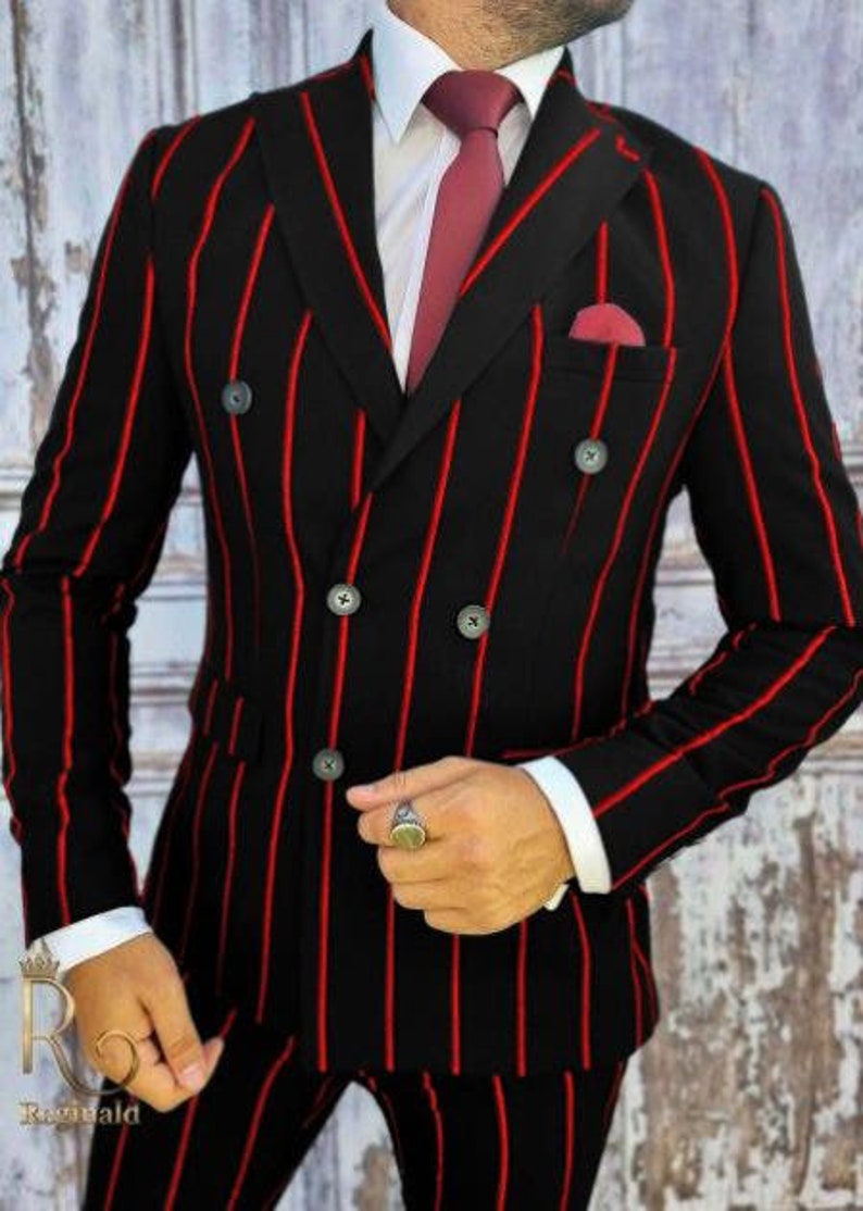 Mens Double Breasted Gangster Bold Pinstripe Suit in Blue