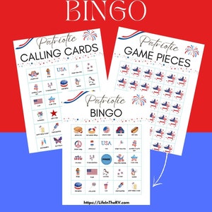 PATRIOTIC BINGO GAME with 20 Bingo Cards, Calling Cards, & Markers. Kids Bingo -  Printable, Instant download, Road Trip Games, 4th of July!