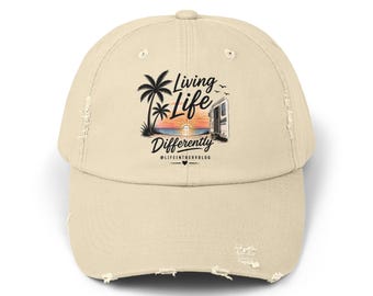Living Life Differently RV Sunset Cap, Distressed Baseball Hat, Palm Tree Camper Hat, RV Lover Gift, Camping Beach Hat, Glamping Hat