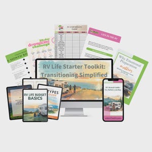 May include: A collection of digital resources for RV living, including a desktop computer, tablets, and a smartphone. The screen displays the "RV Life Starter Toolkit: Transitioning Simplified" title. Various guides and checklists are also visible.