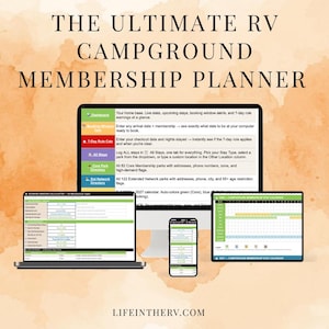 May include: A digital RV campground membership planner displayed on a laptop, tablet, smartphone, and monitor. The planner includes a dashboard, booking window calculator, 7-day rule calculator, all stays log, and a directory. Text on the image reads "THE ULTIMATE RV CAMPGROUND MEMBERSHIP PLANNER."