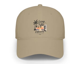 Living Life Different surf sunset, Baseball Cap | palm tree surfboard retro