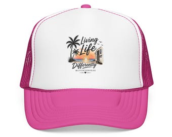 Living Life Differently RV Sunset Hat | Palm Tree Camper Cap | RV Lover Gift | Camping Baseball Hat | Beach Camper Hat | Two Tone Cap