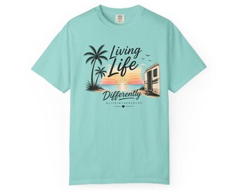 Living Life Differently RV Sunset T-Shirt, Palm Tree Camper Tee | RV Lover Gift | Camping Shirt | Beach Camper Shirt | Travel Trailer Tee