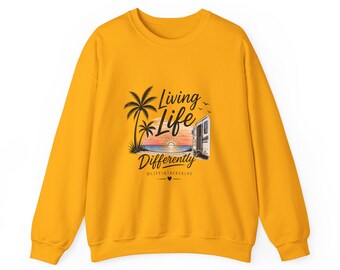 Living Life Differently RV Sunset Sweatshirt | Palm Tree Camper Crewneck | RV Lover Gift, Camping Sweatshirt | Beach Camper Pullover