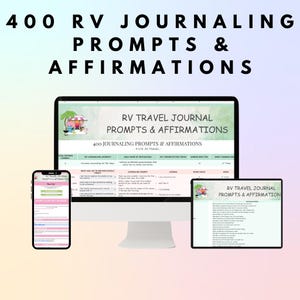 May include: A digital product display featuring a desktop computer, tablet, and smartphone, all showcasing the "RV Travel Journal Prompts & Affirmations." The title text is displayed in large, bold letters. The screens display journal prompts and affirmations for RV travel.