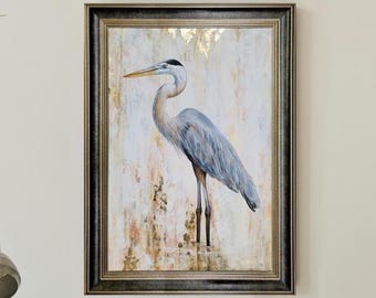 Arte mural de garzas azules: pinturas abstractas de garzas, impresión en lienzo de aves costeras, enmarcado y listo para colgar.