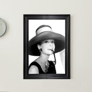 Audrey Hepburn Black & White Hat Portrait - Vintage Framed Print - Classic Hollywood Wall Art