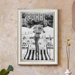 Woman Reading Newspaper Framed Print - Black and White, Beach Photography, Vintage Poster, Luxury Fashion Wall Art