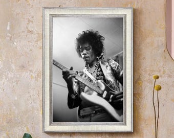 Jimi Hendrix Playing Guitar - Vintage Framed Wall Art, Rock Music Legend Print
