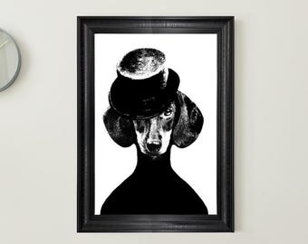 Hond draagt hoed vintage ingelijste print - grappige hond illustratie - retro huisdier kunst aan de muur - grillig dierendecor