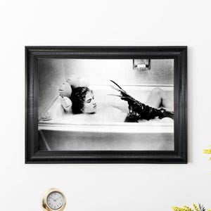 Nightmare on Elm Street Framed Print | Funny Bathroom Wall Art | Woman in Bathtub Print | Horror Movie Poster | Halloween Wall Decor