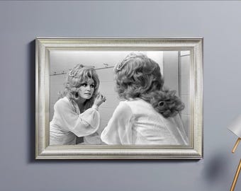 Dolly Parton Applying Facial Make-up Vintage Framed Print, Feminist Black & White Wall Art, Retro Fashion Decor
