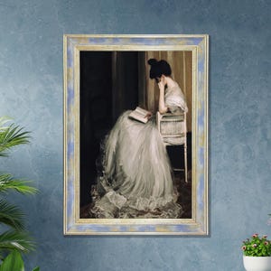Antikes Porträt einer lesenden Frau - Vintage gerahmter Druck, klassische literarische Wandkunst