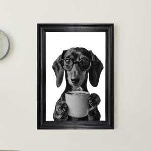 Dachshund Drinking Coffee Vintage Framed Wall Art - Black and White Funny Dog Print for Coffee Lover & Kitchen Decor
