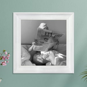 Woman Reading Newspaper in Bed Framed Print - Black and White, Vintage Photography, Fashion Poster, Teen Room Decor