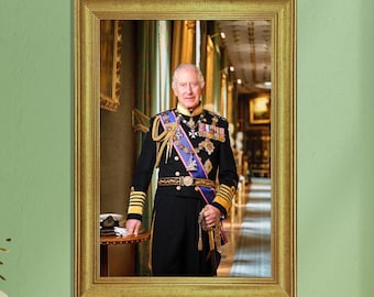 King Charles III Vintage Framed Print, Royal Portrait Art, Black and White Wall Decor, British Monarch Art, Regal Wall Decor