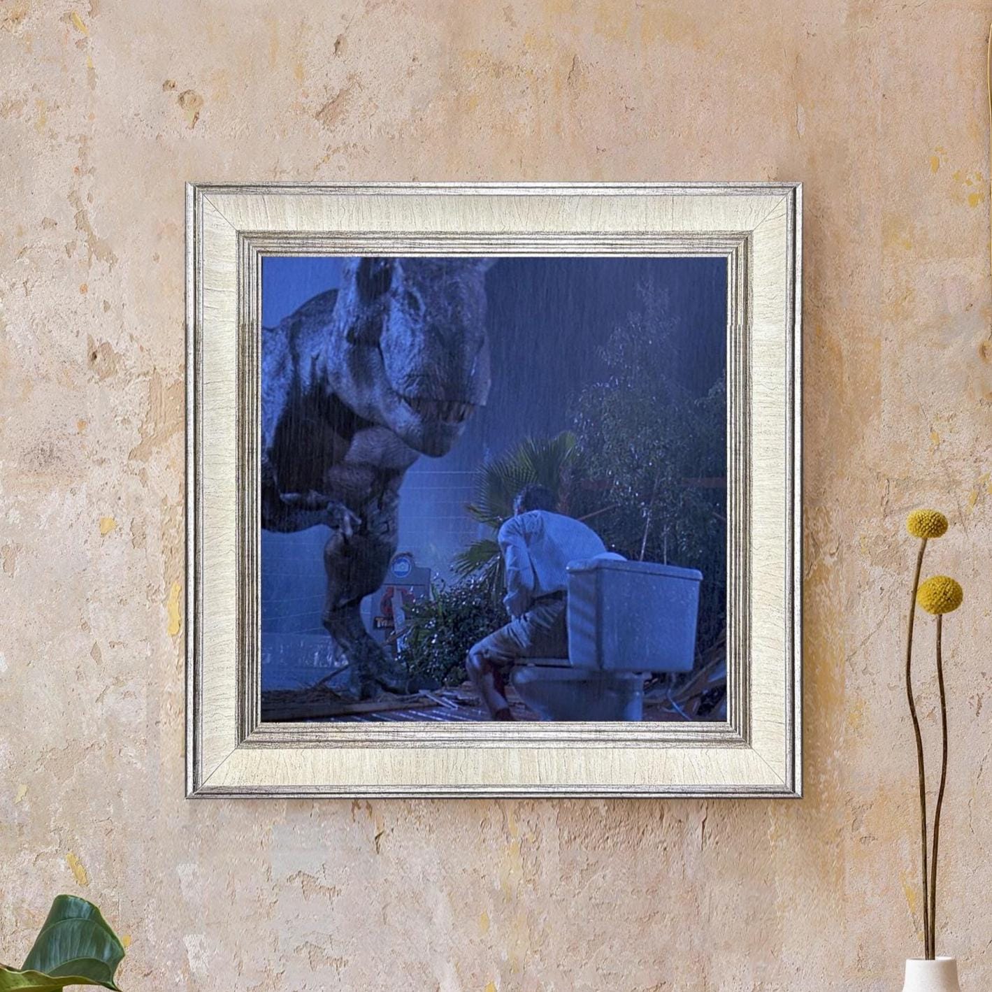 Jurassic Park Toilet Scene Framed Print, Tyrannosaurus Rex Wall Art, Funny Bathroom Decor, Dinosaur Poster, Humorous Restroom Art