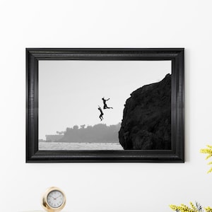 Framed Fine Art Photography Print - Black and White Prints Ocean Minimalist Wall Art Photography Beach Lifestyle Jump Coastal Life Poster