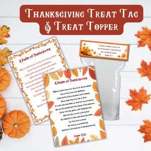 May include: Two rectangular paper tags and one treat topper featuring the text A Psalm of Thanksgiving and Psalm 100, decorated with a border of colorful autumn leaves. The topper includes a small turkey graphic and the text Psalm 9:1.