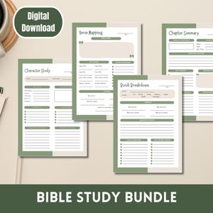 Könnte beinhalten: Ein druckbares Bibelstudien-Paket mit vier verschiedenen Arbeitsblättern: Charakterstudie, Verszuordnung, Buchzusammenfassung und Kapitelrückblick. Die Arbeitsblätter sind im minimalistischen Stil mit grünen und beigen Akzenten gestaltet.