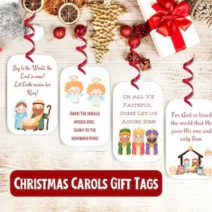 Etiquetas de regalo con villancicos navideños (juego de 4), etiquetas imprimibles para recuerdos del Belén para niños, descarga instantánea. Etiquetas para tarjetas de regalo.
