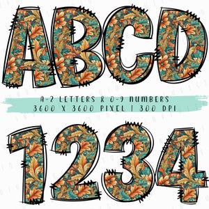 Alfabeto con estampado floral llamativo (A-Z, 0-9) / Letras decorativas PNG / Letras y números de arte popular vintage ornamentados / Descarga digital