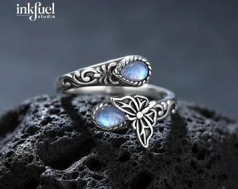 Moonstone Butterfly Ring, Vintage Silver Plated Ring, Promise Ring for Her, Adjustable Moonstone Ring, Nature Inspired Ring, Gift for Her