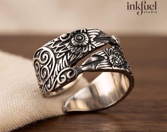 Anillo de cuervos de Odín para hombre, plata, anillo ancho de mitología nórdica vikinga, anillo ajustable de cuervo Huginn Muninn, trisquel celta de plata oxidada
