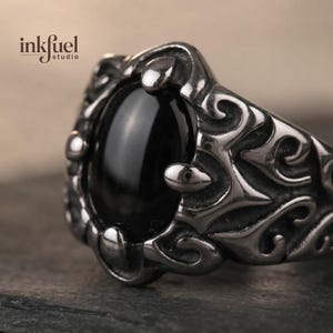 Black Agate Ring Stainless Steel, Victorian Baroque Scrollwork Oval Stone Ring, Gothic Filigree Black Gemstone Ring Men Women, Dark Elegant
