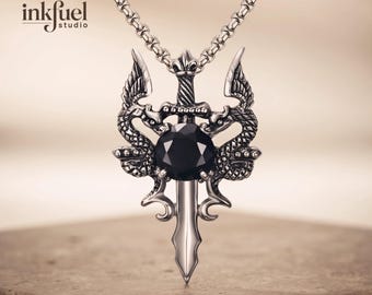 Collier homme avec pendentif croix double dragon en acier inoxydable, orné d'une épée gothique en zircon et pierres noires, rouges et transparentes.