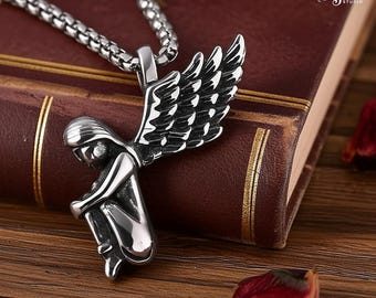 Guardian Angel Wings Stainless Steel Necklace Punk Gothic Pendant Chain Mens Womens Jewelry Memorial Gift Waterproof 316L Handmade