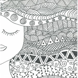 May include: Black and white line art drawing of a woman's face with intricate patterns and designs. The woman's eyes are closed and her hair is styled in a wavy pattern. The background is filled with geometric shapes and swirls.