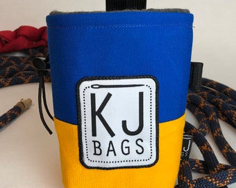 Sac à magnésie fait main pour l'escalade - Toile bleue et jaune | Équipement d'escalade en bloc