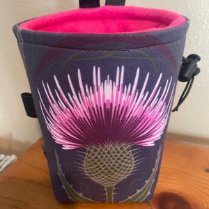Handmade Rock Climbing Chalk Bag with Thistle Flower Design, Purple Red Green