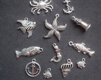 8 Assorted Sea Creatures Ocean Life Fish Charms Silver Tone Metal