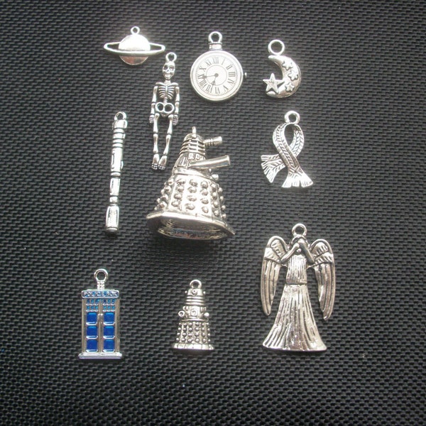 10 Assorted Charms Police Box, Time Travel, Angel, Silver Tone Metal