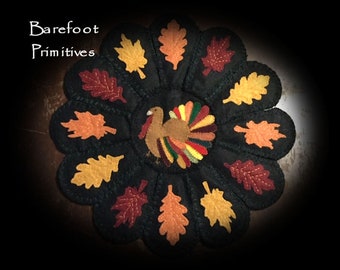 Penny Rug Turkey Fall Leaves table matThanksgiving 2 sided digital PATTERN