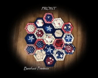 Patriotic Penny Rug Stars Red White Blue Americana candle Mat 2 sided