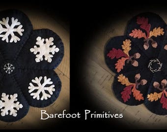 Snowflake Fall Acorn Leaves Winter 2 sided Penny Rug applique wool
