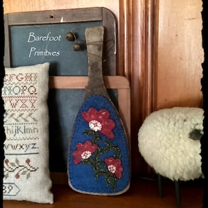 Vintage Wood Paddle Hanger wool flannel flowers rusty bells Primitive