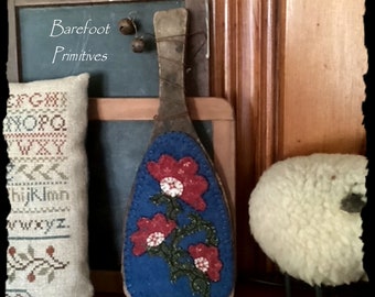 Vintage Wood Paddle Hanger wool flannel flowers rusty bells Primitive