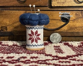 Wood bobbin cross stitch design pins wool Pin Cushion