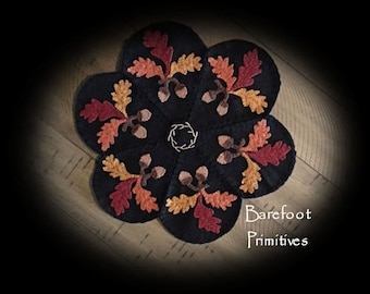 Snowflake Fall Acorn Leaves Winter 2 sided Penny Rug applique wool