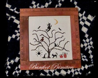 All Hallows Tree Cross Stitch witch cat pumpkin cat bat owl Mailed PAPER PATTERN
