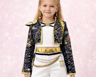 Anime Style K Pop Rumi Costume, Rumi Inspired Black White Gold Cosplay Outfit For Girls, K Pop Demon Slayer Costume, Fantasy Cosplay Dress.