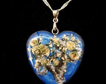 Inspired by Van Gogh Flowers in Resin Heart Pendant with Silver Chain