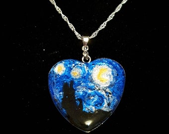 Inspired by Van Gogh's "Starry Night" Resin Heart Pendant with Silver Chain