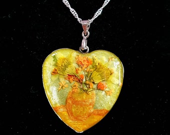 Inspired by Van Gogh's "Sunflowers" Flowers in Resin Heart Pendant with Silver Chain