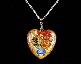 Inspired by Van Gogh Flowers in Resin Heart Pendant with Silver Chain